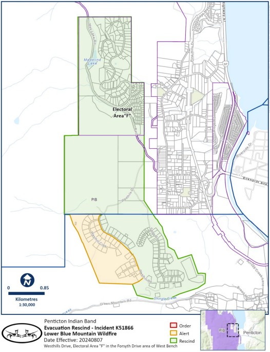 EmergencyInfoBC's tweet photo. The Regional District of Okanagan-Similkameen &amp; the Penticton Indian Band have RESCINDED an #Evacuation Alert in Electoral Area "F" due to the Lower Blue Mountain #BCWildfire. More info: https://t.co/YoaydMEZv5 #BC https://t.co/N8kAw2j6k5