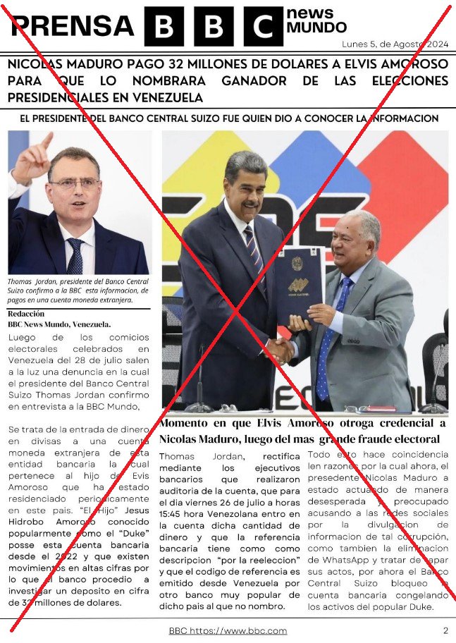 EsPajaVe's tweet photo. #7Ago ⚠️📄 ¿La BBC publicó que Maduro pagó 32 millones de dólares a Amoroso para que lo declarara presidente de Venezuela en comicios del 28J?

Esta imagen de un supuesto boletín de noticias es falsa. 

❌ La BBC desmintió que ese mensaje hubiese sido publicado por ellos