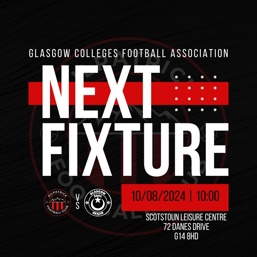 Kilpatrick FC (@kilpatrick_fc) on Twitter photo First game of the season comes against <a href="/GlasgowANSAR101/">Glasgow ANSAR</a>
🏆<a href="/TheGCFA/">GlasgowCollegesFA</a>
📍Scotstoun Leisure Centre
🗓️10th August 2024
🕖 10am First game of the season comes against <a href="/GlasgowANSAR101/">Glasgow ANSAR</a>
🏆<a href="/TheGCFA/">GlasgowCollegesFA</a>
📍Scotstoun Leisure Centre
🗓️10th August 2024
🕖 10am