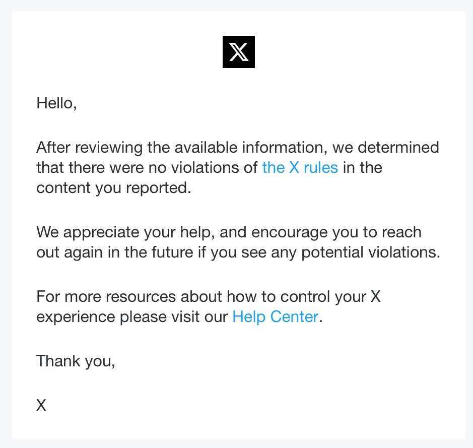 As I fully expected, @x has decided that the guy who urged his followers three times to find my home address and hoped I would get attacked with a machete (in a now deleted tweet), did not break its rules, which merely confirms that there are no rules anymore. 1/