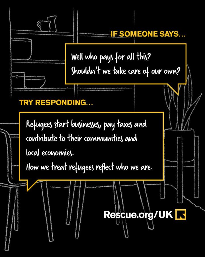 RESCUE_UK's tweet photo. With the recent violence targeting refugees and asylum seekers in the UK, it's crucial to have informed conversations. Read our suggestions on challenging harmful narratives. ⬇️ 
 
People seeking asylum deserve safety and compassion. We stand in solidarity with everyone affected. https://t.co/uPjYDpb5WH