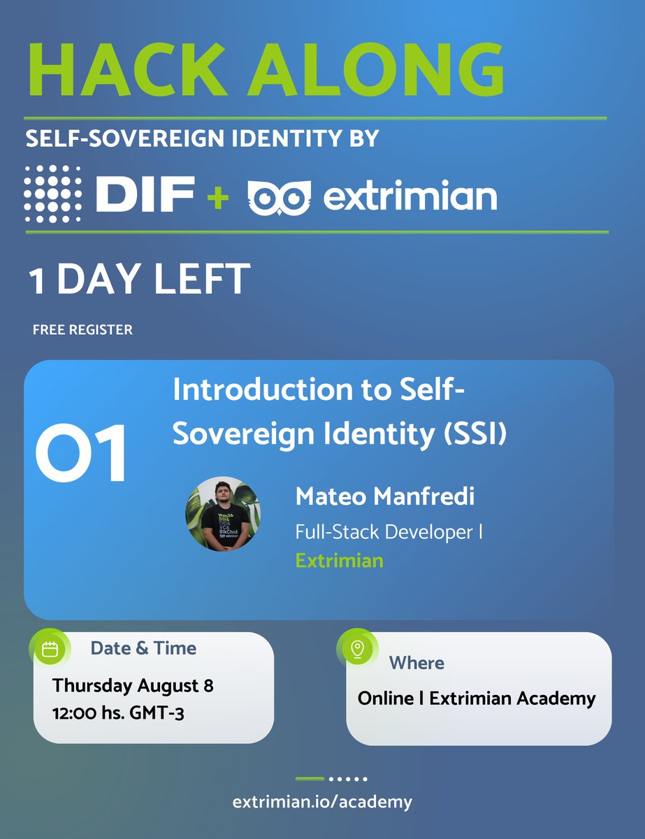 Extrimian's tweet photo. Falta solo 1 día para la #HackAlong junto a la Decentralized Identity Foundation @DecentralizedID! 🆔

Vamos a abordar como funciona la Identidad Descentralizada, sus beneficios, y como aplicarla en soluciones innovadoras a través de un caso de uso de Travel & Hospitality, y del desarrollo de proyectos de los participantes con soporte y guía de nuestro equipo durante los 5 encuentros🔐🧑‍💻