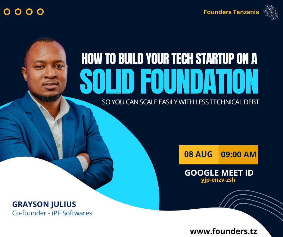 BUILDING A SOLID FOUNDATION FOR YOUR TECH STARTUP 💪🏽

Join us tomorrow for a session with Grayson from <a href="/ipfsoftwares/">ipfsoftwares</a> &amp; <a href="/ipfacademy_/">iPF Academy</a>. Discover common pitfalls, the cost of poor code quality, and strategies to get your startup back on track.

📍 Google Meet: meet.google.com/yjp-enzv-zsh