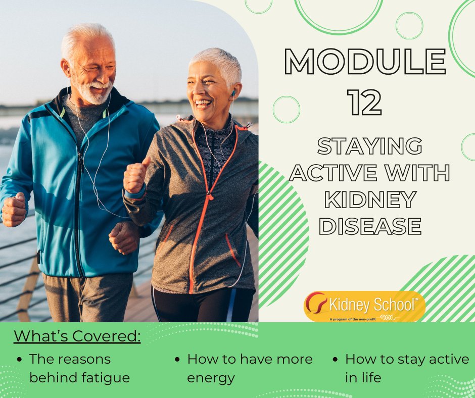 Staying active with chronic kidney disease (CKD) means having enough energy to do the things you love. This is part of what makes life worth living!  Keep reading to learn why you may be so tired and how to get more energy.
kidneyschool.org/m12/#/