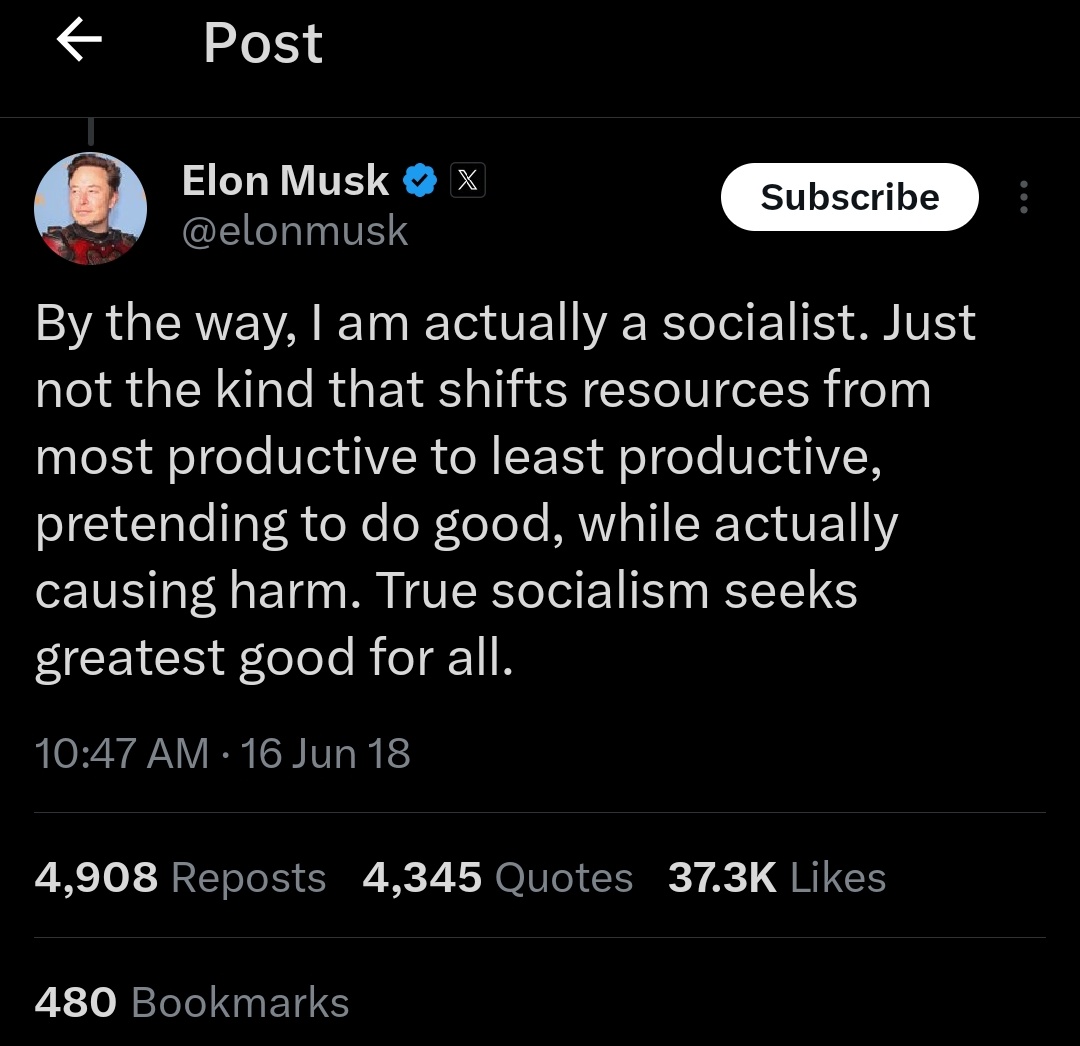 Remember when Elon Musk was a socialist just 6 years ago? Does this man hold any concrete beliefs &amp; value? or he just adopts ideologies depending on his Ketamine dosage