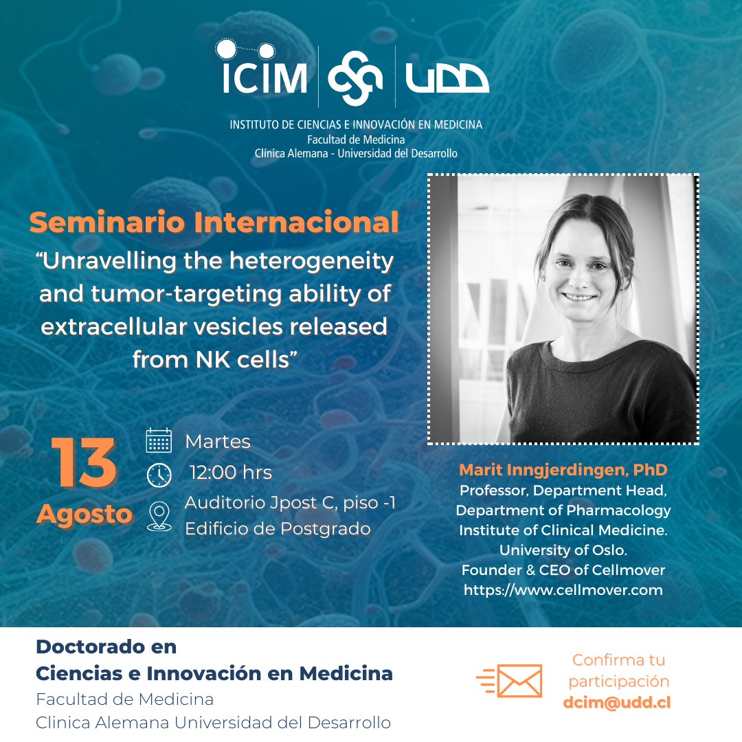 ¡No te lo pierdas! 📢

Este próximo martes 13 de agosto a las 12:00 hrs, Seminario Internacional con la Dra. Marit Inngjerdingen desde la Universidad de Oslo en Noruega 🌟

<a href="/UDD_FM/">Facultad de Medicina CAS UDD</a> <a href="/InvestigaUDD/">Investigación UDD</a> <a href="/ICIMUDD/">Instituto de Ciencias e Innovación en Medicina</a>