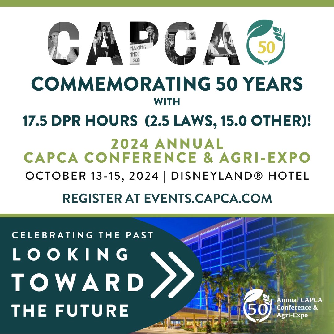 Get ready for CAPCA's Annual Conference &amp; Agri-Expo in Anaheim, October 13-15th! 🌿
Join us for 17.5 DPR hours (2.5 Laws, 15.0 Other), insightful CE sessions, networking, &amp; celebrating 50 years of excellence in agriculture!
REGISTER TODAY at l8r.it/e3Sk