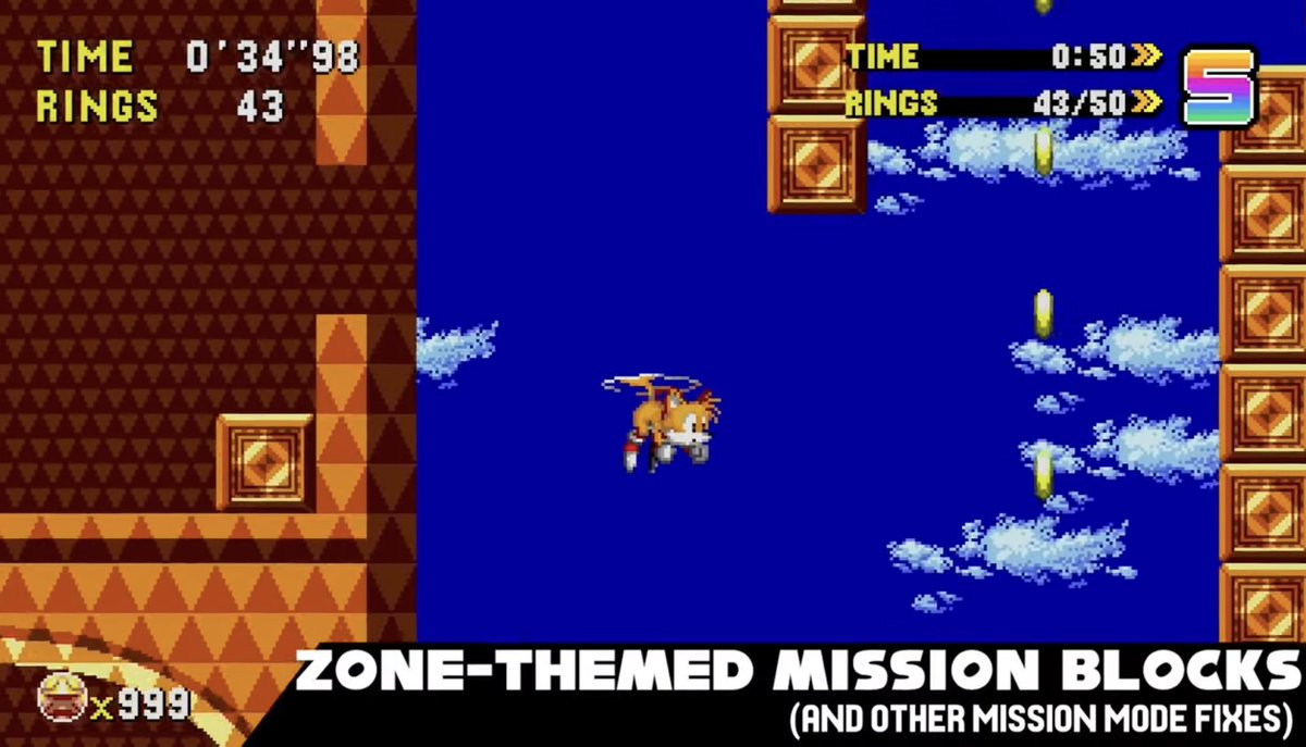 Danny8bit's tweet photo. looking at some of the changes in Sonic Origins Ultrafix and wow, what an insane difference having all those mission blocks actually be themed after each level makes https://t.co/huWsbTuzZW