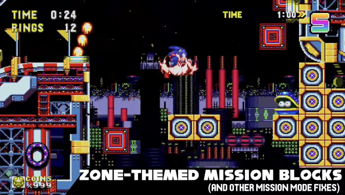 Danny8bit's tweet photo. looking at some of the changes in Sonic Origins Ultrafix and wow, what an insane difference having all those mission blocks actually be themed after each level makes https://t.co/huWsbTuzZW
