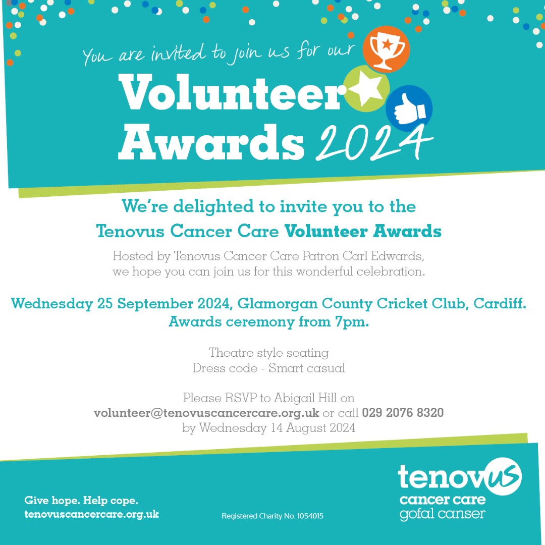 tenovuscancer's tweet image. Our Volunteer Awards are back this year!🎉
Join us on the 25th September at Glamorgan Cricket Club, for a night of celebrations.

Email volunteer@tenovuscancercare.org.uk to book your place.