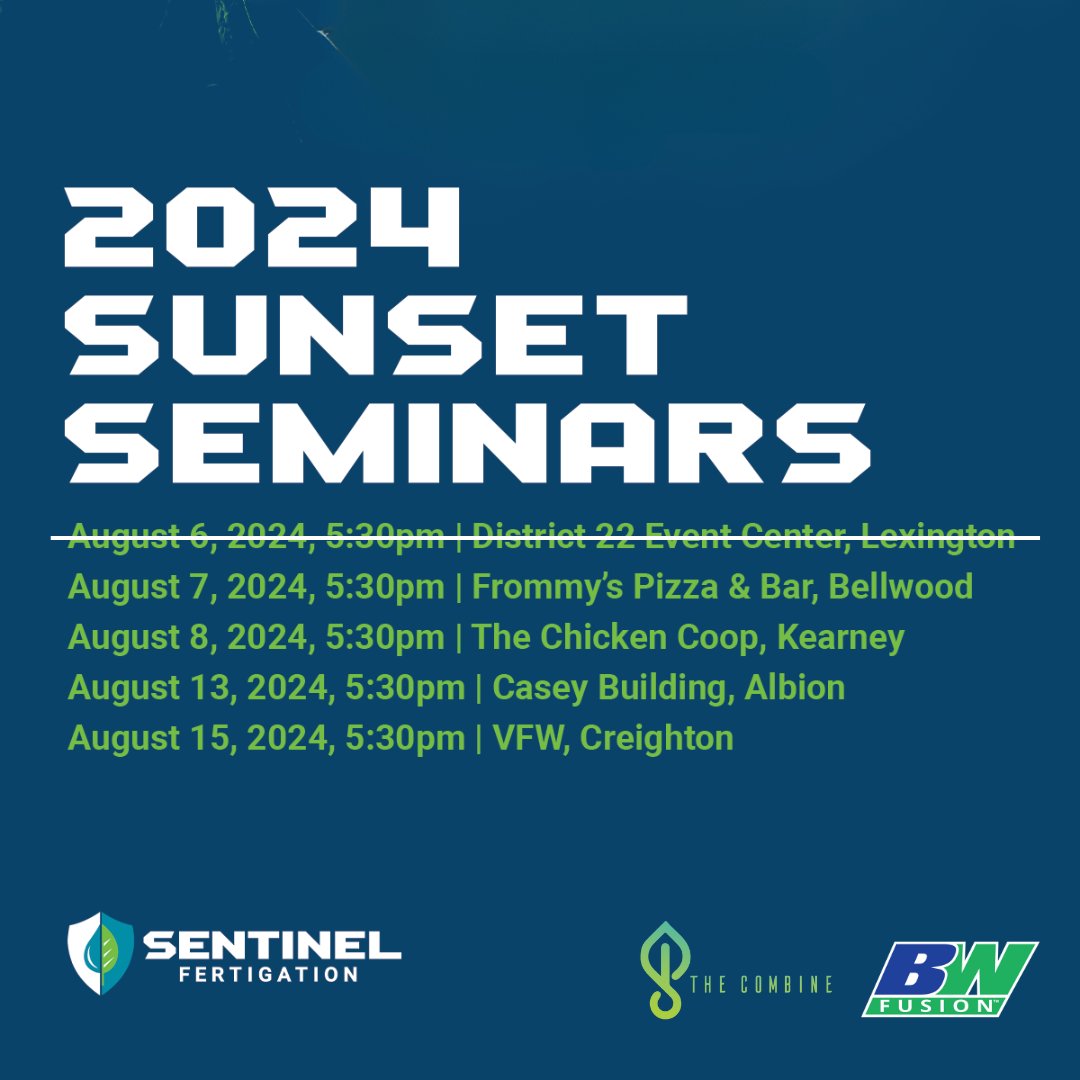 Sentinel_Ag's tweet photo. Sunset Seminars are underway!

Tonight we will be in Bellwood, NE at Frommy's Pizza &amp; Bar.
We can't wait to see some new and familiar faces. Remember each attendee will be entered into a drawing for a $1000 giveaway experience! https://t.co/qSf7nHrVhK