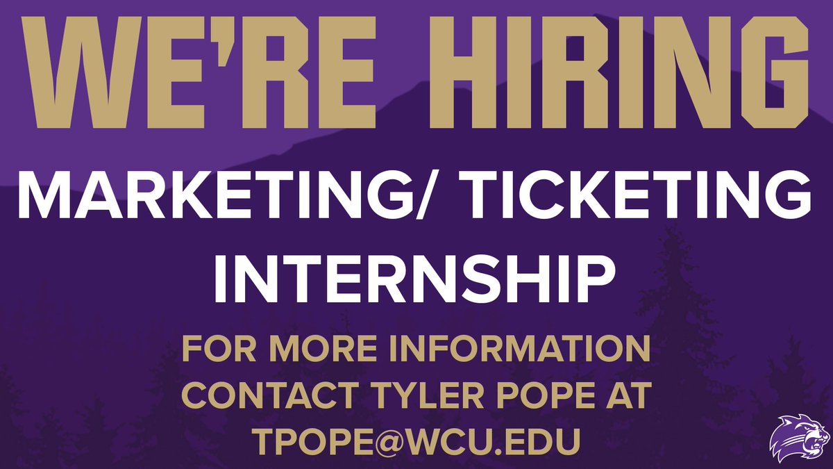 Catamounts's tweet image. Catamount Athletics is looking for a new Marketing/Ticketing intern for the Fall 2024 semester. Applicants must have a bachelors degree looking for experience in a Division 1 athletic department. To apply visit the link below or email Tyler Pope at tpope@wcu.edu for more…