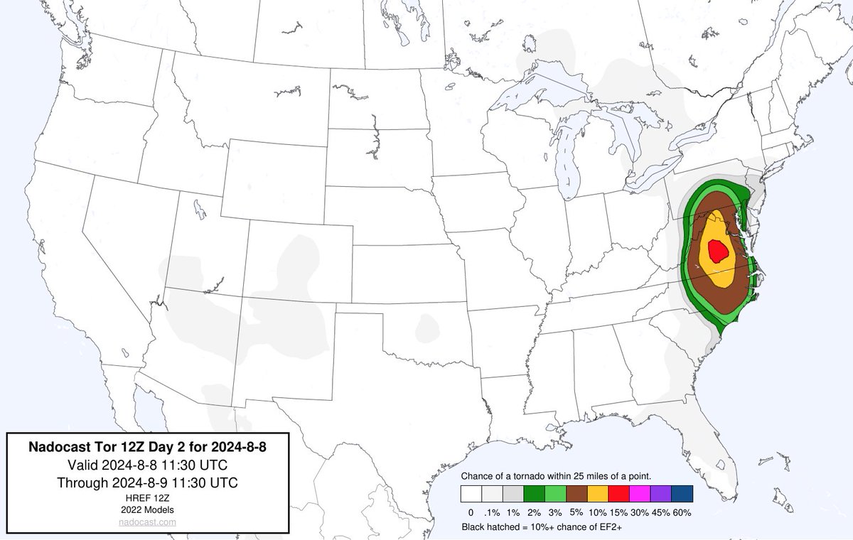 MatthewCappucci's tweet photo. DMV gang — with the remnants of Debby working through tomorrow, we could see a couple isolated tornadoes. 

The twist is there, especially with Debby’s leftover spin. But do we get enough heating to brew storms tall enough to feel changing winds with height? We’ll see. Watching: https://t.co/XI1kyhFEjG