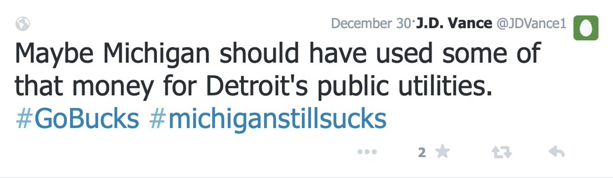 patriottakes's tweet photo. In a deleted tweet from 2014, JD Vance, who is in Michigan today, tweeted the hashtag “Michigan still sucks.” https://t.co/r082cstjuk
