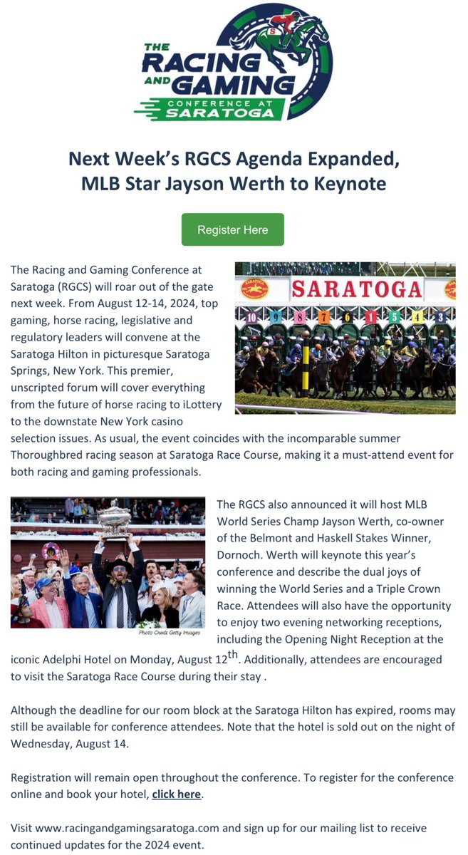 rgcsaratoga's tweet photo. RGCS will roar out of the gate next week. From 8/12-14, 2024, top gaming, horse racing, legislative and regulatory leaders will convene at the Saratoga Hilton in picturesque Saratoga Springs,NY
More: https://t.co/kQwvqAGBmw
#Gaming #HorseRacing #Saratoga #MLB #JaysonWerth #RGCS https://t.co/OAqzFa5g4m