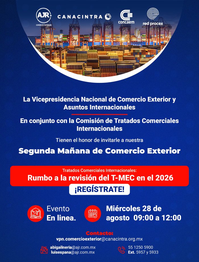vpcomercioext's tweet photo. Segunda Mañana de Comercio Exterior: Rumbo a la revisión del T-MEC en 2026.

Acompáñanos a revisar las diferentes oportunidades a lado de los expertos en la materia, ¡No te lo pierdas! 

📅 28 de agosto, 2024
✅ Evento en linea, GRATUITO
Regístrate: https://t.co/TLukIQ6VLV https://t.co/eoTqgaodG6