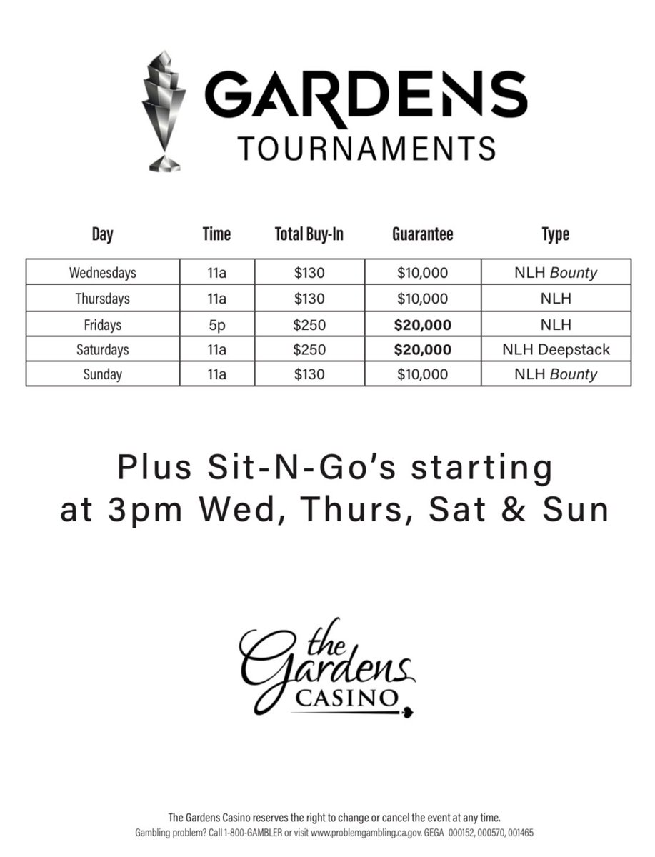 cavincasino's tweet image. The @gardenscasino Tournament Week starts today with a $10K GTE Knockout 🥊 Bounty #GardensTournaments #WeeklyEvents 

$130 buy-In at 11am (Reg 2:35pm)

We have been averaging close to $30,000 👀 on these weekly bounty events 😮