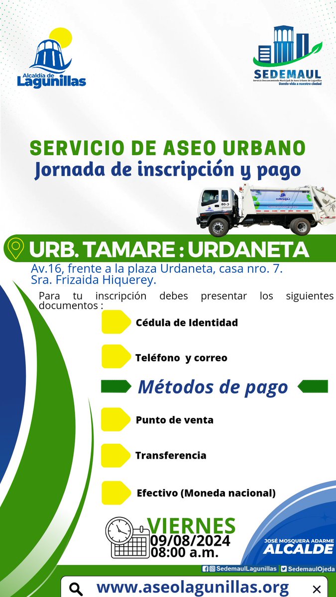 El alcalde José Mosquera, a través de Sedemaul, invita a la comunidad de la urbanización Tamare, sector Urdaneta a participar este viernes, 09 de agosto, en la jornada de inscripción y pago del servicio de recolección de desechos sólidos.

<a href="/alclagunillas/">Alcaldía de Lagunillas</a> <a href="/cheolagunillas/">José Mosquera Adarme</a>