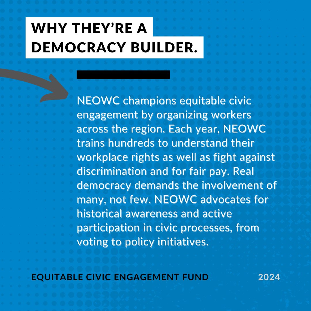 CLEVotes's tweet image. We&apos;re introducing our #ECEF Grantee 🎉

@neoworkercenter builds worker power in Northeast Ohio through organizing, advocacy, and education.

Stay tuned as we highlight our Equitable Civic Engagement Fund grantees!