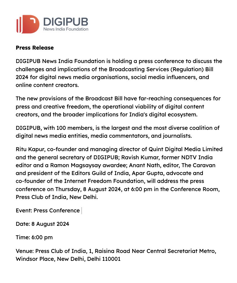 DigipubIndia's tweet image. Press conference on the Broadcast Services Bill 2024
