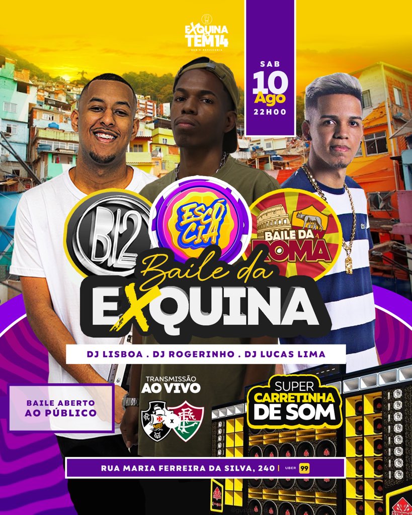 NESTE SÁBADO CONTINUA O SUCESSO, BAILE DA EXQUINA! 🔥🔥🔥🔥

Djs convidados: 
DJ LISBOA B12 🇵🇹 
DJ ROGERINHO 🏴󠁧󠁢󠁳󠁣󠁴󠁿 
DJ LUCAS LIMA 🇲🇰

Super carretinha de som no local, bora que Sábado é baile.
