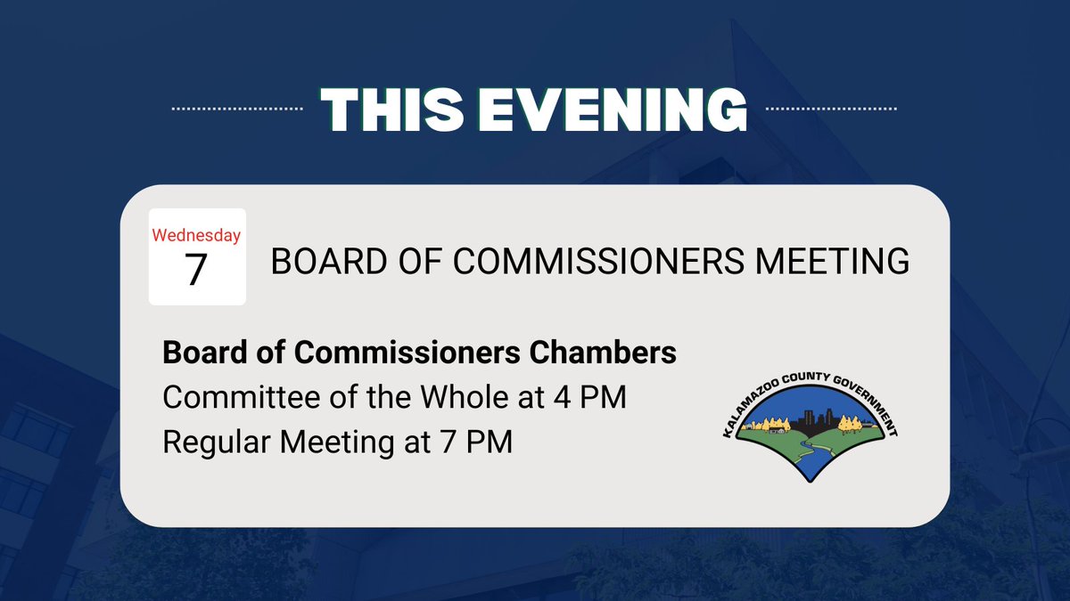 KalamazooCounty's tweet photo. Board meetings are held at the Kalamazoo County Administration Building located at 201 W. Kalamazoo Ave. Kalamazoo, MI 49007. Join us in person or catch the livestream on https://t.co/SXAUXnMMhN, YouTube, Facebook, or right here on Twitter/X. 📢 https://t.co/CdDe0dKYtQ