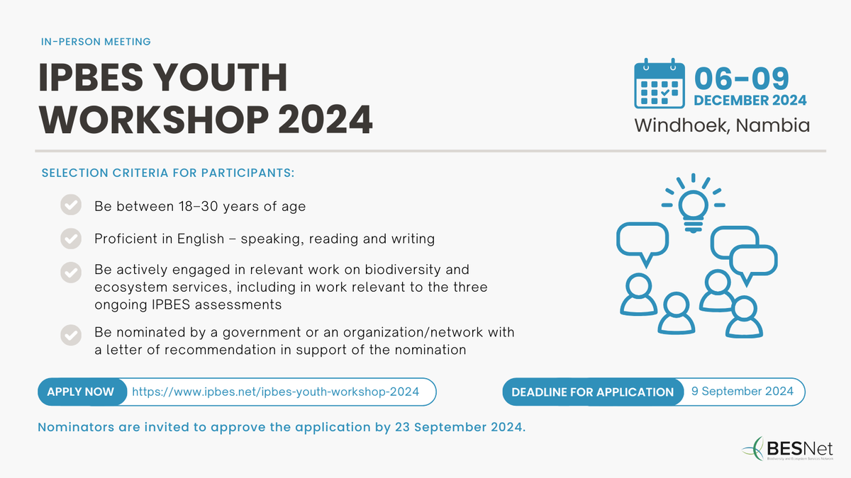 📢 CALL FOR NOMINATIONS
<a href="/IPBES/">ipbes</a> invites nominations for individuals with a passion for biodiversity to participate in its youth workshop in December.

This is a chance to learn, engage &amp; explore pathways for a sustainable future.
📋 Apply/nominate today!
🌐 ipbes.net/ipbes-youth-wo…