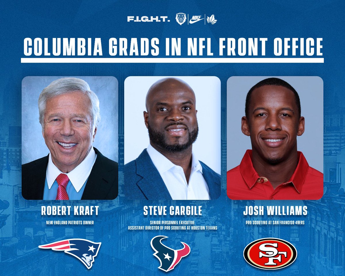 We are proud to highlight a few high level <a href="/Columbia/">Columbia University</a> alums in the <a href="/NFL/">NFL</a> front offices! 

Congratulations to Steve Cargile and Josh Williams on their recent promotions! 👏

Good luck this upcoming season! 

F.I.G.H.T. 🦁

#RoarLionRoar // #OnlyHere🗽