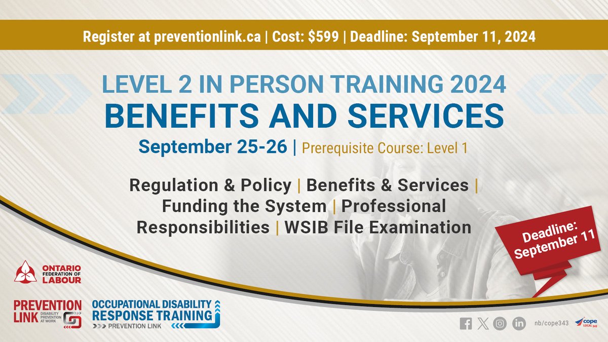 Preventionlink's tweet photo. Have you completed the Prevention Link Level 1 course?
You'll want to check this course out!
Register today for the Level 2 course September 25-26!
π https://t.co/2MQQCyefZY
#wsib #HealthandSafety #workerscomp #onpoli #cdnpoli #PreventionLink #WorkplaceSafety #OccupationalHealth https://t.co/DTZiH3tIUc