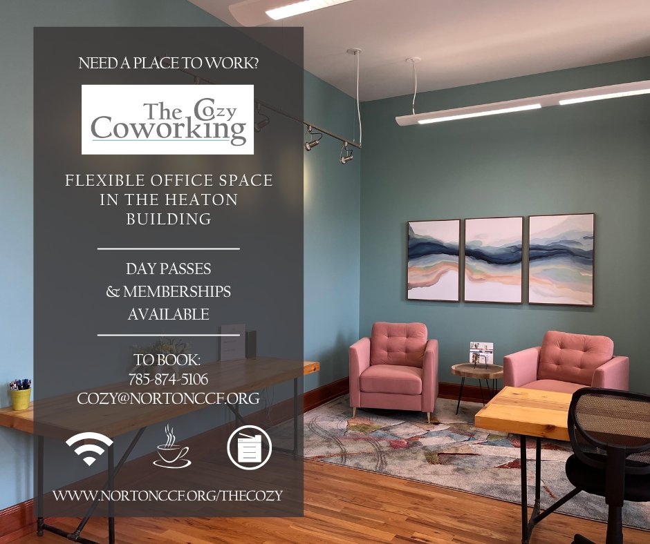 The school year is right around the corner. If you're an out-of-town parent who needs a quiet place to work, rest, read, etc. in between student activities, consider The Cozy! Call 785-874-5106 or email cozy@nortonccf.org to learn more!