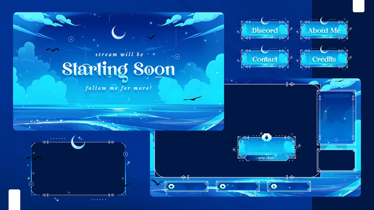Stream_Bliss's tweet photo. Experience the magic of a fantasy beach night with our new bright blue designs! 🌊✨ 

Click link for detail and purchase 
▶️ https://t.co/AJMXMa3wFQ

Happy Shopping 🛒🛒
#FantasyBeach #NewArrival #Stream #Overlay #Vtuber #Game #88Sale #Blue #Art #Fantasy #Streamer #Commission https://t.co/okcL1SRZ5l