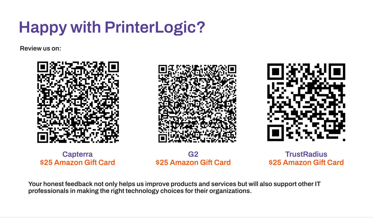 We're sold out of #PrinterLogicSysAdminDay t-shirts, but you can still enter our #SysAdminDay contest. Review us on G2, TrustRadius and Capterra. You'll earn $75 in gift cards AND three entries in#PrinterLogicSysAdminDay contest. Just drop your review link in the comments below!