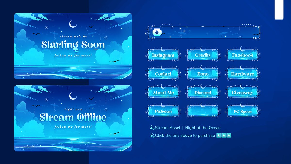 Stream_Bliss's tweet photo. Experience the magic of a fantasy beach night with our new bright blue designs! 🌊✨ 

Click link for detail and purchase 
▶️ https://t.co/AJMXMa3wFQ

Happy Shopping 🛒🛒
#FantasyBeach #NewArrival #Stream #Overlay #Vtuber #Game #88Sale #Blue #Art #Fantasy #Streamer #Commission https://t.co/okcL1SRZ5l