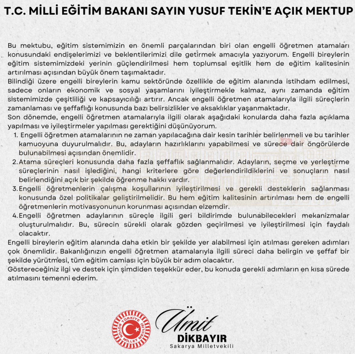 Vekilim WhatsApp Hattı ☎️

Eğitim sistemimizin en önemli parçalarından olan engelli öğretmen atamaları konusunda şikayet ve istekleri <a href="/MilliEgitimBak/">MEB</a> Sn. <a href="/Yusuf__Tekin/">Yusuf Tekin</a> ‘e ilettik. Toplumsal eşitliği ve adaleti devletin tüm katmanlarında sağlamak hepimizin asli görevi olmalıdır.