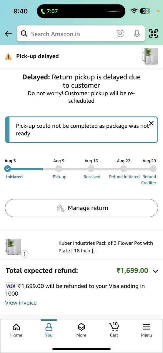 creativedhiren's tweet photo. @amazonIN can you help with order I have order this on 15th of July and return on same date but till than today pick-up didnt happen and now customer care person refusing to return back. Requesting for refund. @jagograhakjago https://t.co/3lzHHJifmv