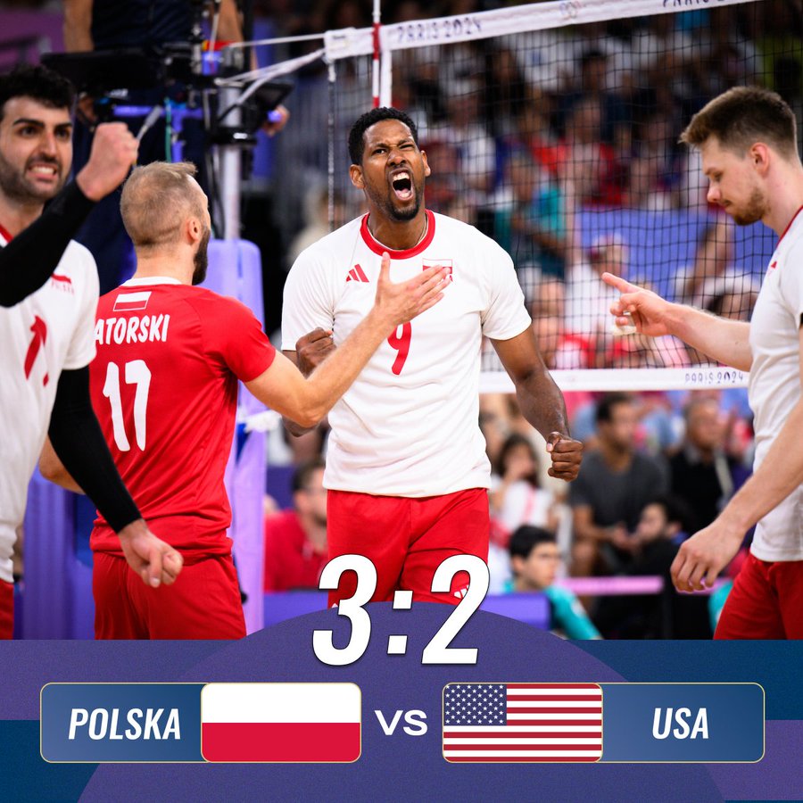 Grafika przedstawiająca wynik meczu Polska-USA oraz cieszących się polskich siatkarzy z awansu do wielkiego finału