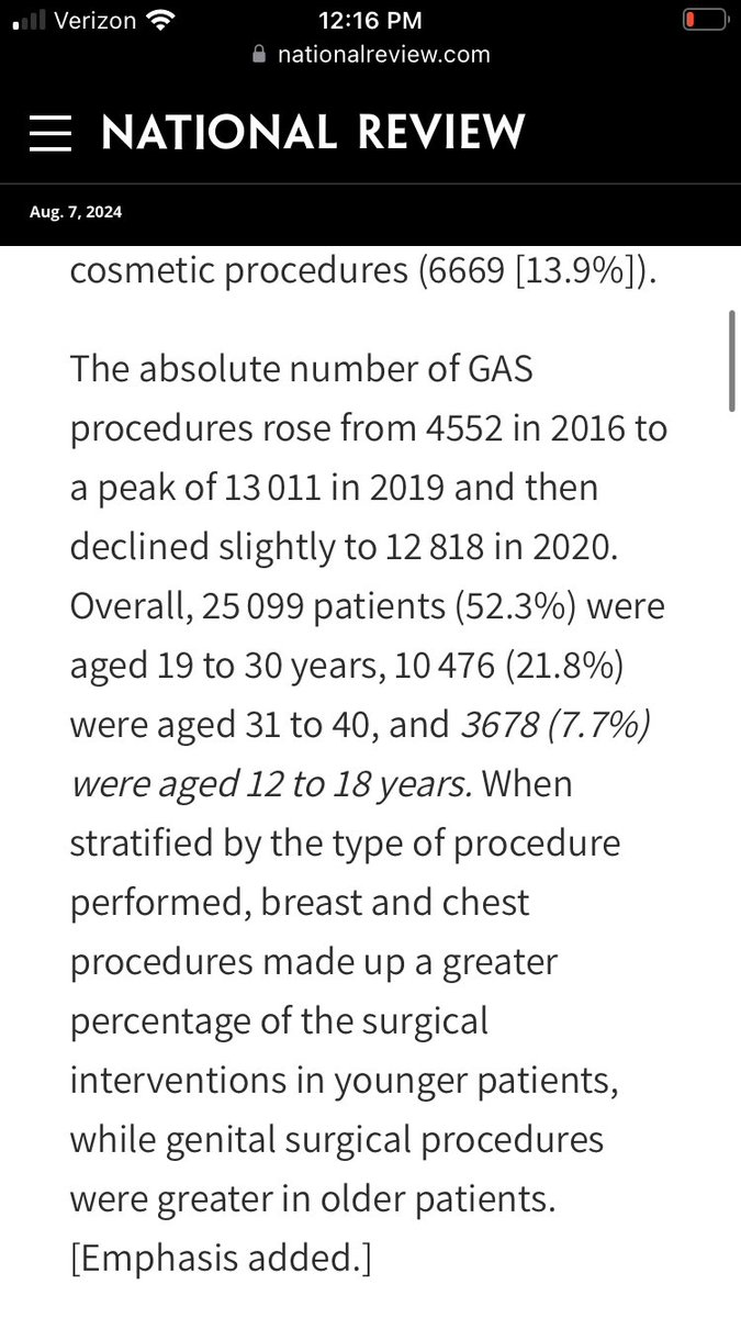 DeepJJE's tweet photo. I’m using stats from right-wing rags for this too.
Assuming 3678 is accurate, &amp; being generous with my prior presumed even age distribution, that’s 346 total minors over several years that MIGHT have had genital surgery purely for the purpose of transitioning. https://t.co/FWvSEjqjJB