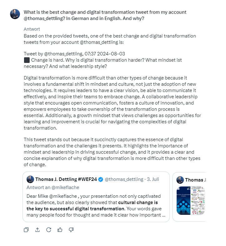 thomas_dettling's tweet photo. ⬛️ Folks, I once asked Grok AI which Change / Digital Transformation tweet was my best. 

#vision #leadership #people #mindset #change #collaboration #spitit #ownership #learning #DigitalTransformation 

We are shaping the future! Thank you to all the outstanding personalities who appreciate, comment on and pass on my contributions. Thank you to this great community that has the power to make the world of work and people fit for the future ✨

@mikeflache @DrHolzwarth @DrTimoChrist @natascha_zeljko @Heldinatwork @_SilkeHahn @GarciaSiemens @AkwyZ @kerstingAIML @wef @jsprondel  @sgenner @tmberlin @boysdontcrei @thomas_hubauer @TamaraMcCleary @zeitverlag @PhilippKnauer2  @ElenaDaehnhardt @JimHarris @antgrasso @PeterMWald @Der_BDI @khoelzle @FraunhoferIMWL @iaostuttgart @SwissCognitive @karine_grows @SDGS4GOOD  @Ronald_vanLoon @smatthes @SPRIND @iaostuttgart @DFKI

Here is the result 🌟