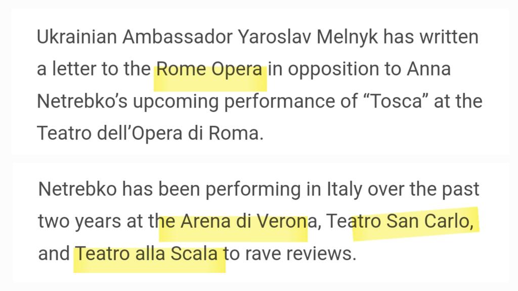 Stefanocomics's tweet image. Anche #OperaWire racconta l'ennesimo esempio della collusione tra i teatri italiani e Anna Netrebko, già finanziatrice dei terroristi separatisti e propagandista putiniana, sanzionata dal governo Ucraino.
Vergogna
@OperaRoma 
@teatroallascala 
@arenadiverona 
@teatrosancarlo