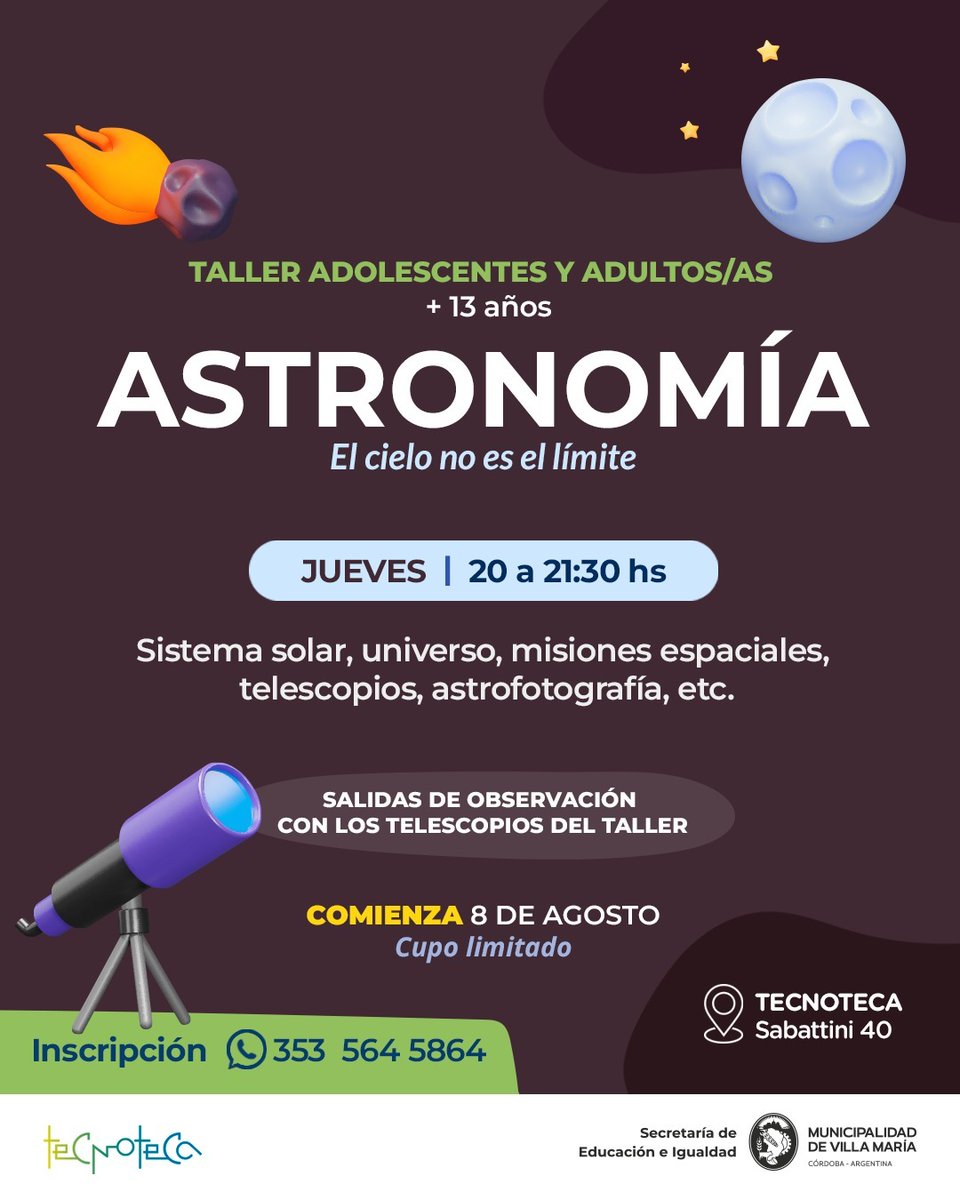 munivillamaria's tweet photo. ¡Nuevos Talleres de Astronomía en la Tecnoteca  de #VillaMaría! ⤵️ https://t.co/MOusyABG2S