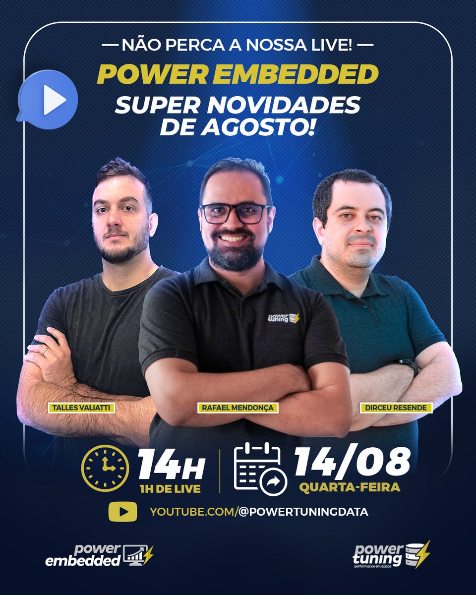soupowertuning's tweet image. Não perca a nossa Live! Power Embedded - SUPER NOVIDADES de AGOSTO! ✨

14/08/2024, Quarta-Feira, às 14h

Lembre-se de ativar as notificações para não perder nenhum detalhe! 🔔
youtube.com/watch?v=dd2M8T…

#PowerEmbedded #Live #PowerPilot #PowerBi