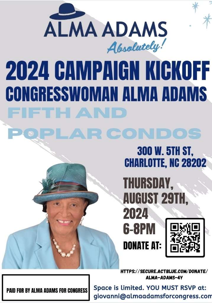*****NEW DATE*** CAMPAIGN KICKOFF WILL BE ON AUGUST 29TH, 2024 AT 6PM!! 300 West 5th St.

SEE YOU THERE!!
almaadamsforcongress.com