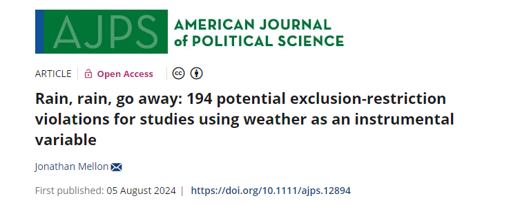 So...the conference season starts. Next time any of us feel the need to criticize an instrumental variable in a presentation just think about this😉

All instruments are bad, we know it, and causal statements are all qualitative in nature anyway. 

onlinelibrary.wiley.com/doi/full/10.11…