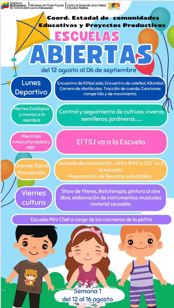 Programa de Escuelas Abiertas.                                       Gracias a las políticas del  presidente de la República  <a href="/NicolasMaduro/">Nicolás Maduro</a>, para continuar fomentando actividades recreativas y culturales en el estado  Táchira ofreciendo una alternativa para los niños y niñas.