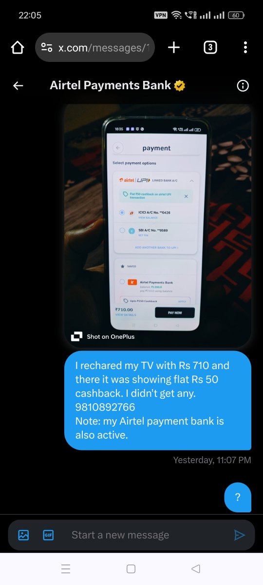 ranjan_se's tweet photo. @airtelbank @Airtel_Presence @airtelnews 
Offer was valid on Airtel UPI payment and I made the payment using the same but didn't get the cashback. 
I have DM already but no reply yet https://t.co/F7UTUqrvx6