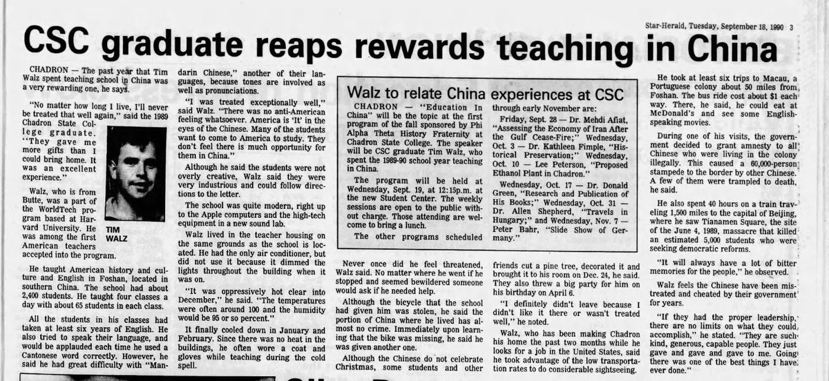Kanthan2030's tweet photo. Tim Walz taught English in China in 1989-1990.

“Chinese are such kind, generous, capable people. They just gave and gave and gave to me."

He was interviewed by Star-Herald when he returned to the US. 

(But his political biases have stayed the same. That’s the American way) https://t.co/TIB1jbhXxM