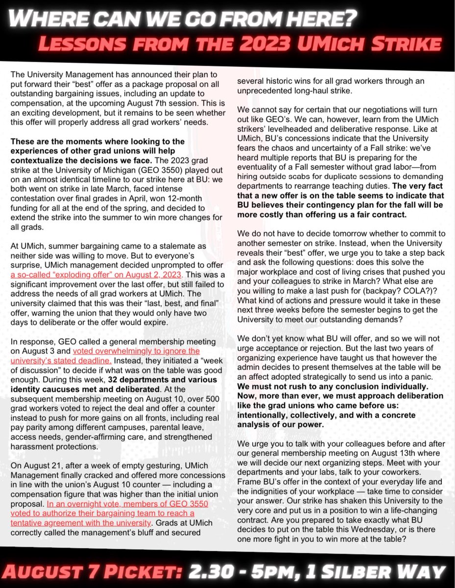 gradworkersofBU's tweet photo. ‼️ management promises significant movement at the table today. this is a critical moment to evaluate if their offer meets our needs. read our bulletin below and join us at the picket line! (2:30pm, 1 Silber Way) ‼️ https://t.co/sUFMBLqPm8