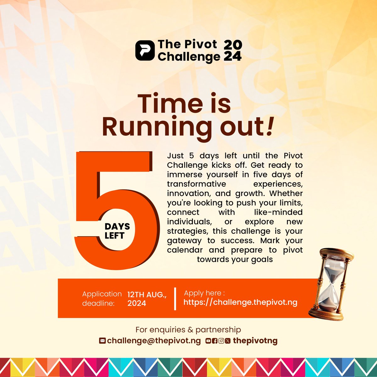 ThePivotNG's tweet photo. The countdown begins!🎤
 Just 5 days left until the Pivot Challenge kicks off. Get ready to immerse yourself in five days of transformative experiences, innovation, and growth. This challenge is surly your gateway to success. 
#thepivotchallenge 
#countdown 
#thepivot https://t.co/ElB8q0SEml