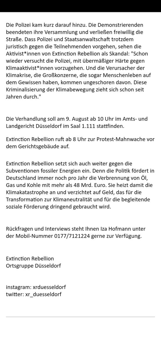 Verhandlung gegen @izahofmann 
🗓️🕙 9.08., 10 Uhr 
📍 AG Düsseldorf Saal 1.111. wegen friedlichem Protest.
Hintergrund: Entscheidung von
<a href="/UniperGermany/">Uniper Deutschland</a>,  trotz des Angriffskriegs auf die #Ukraine️ 
Import von Kohle und Gas aus #Russland nicht zu stoppen
Sei dabei! Presseinfo ⬇️