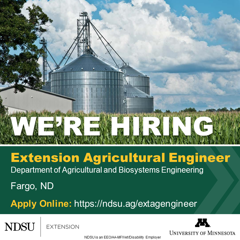 We're hiring an Extension Agricultural Engineer, specializing in post-harvest management and agricultural structures.

Lead dynamic grain management and ag structural design Extension programs in North Dakota and Minnesota.

Apply today! ndsu.ag/extagengineer